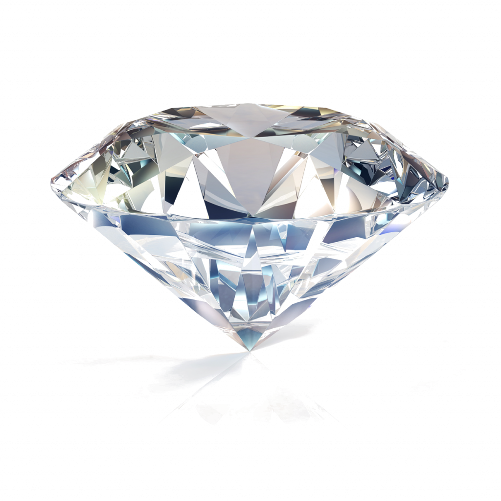 Diamant im Brillantschliff in der Seitenansicht mit Krone, Gürtel und Pavillion