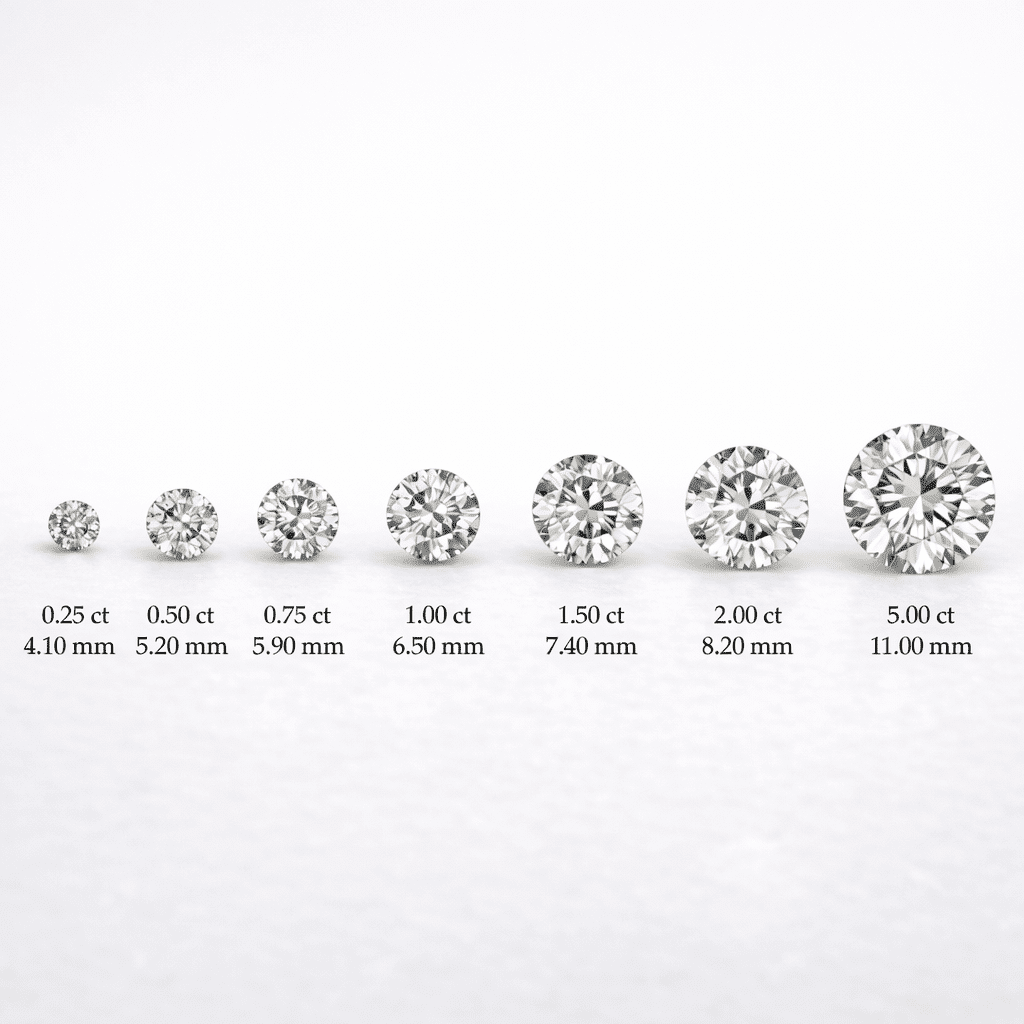 Makroaufnahme von sieben farblosen Diamanten im Brillantschliff, die in aufsteigender Größe von links (0,25 Karat) bis rechts (5 Karat) in einer horizontalen Reihe schweben. Der Hintergrund ist reinweiß und makellos, um den Größenvergleich der Edelsteine zu verdeutlichen.